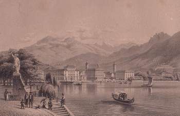 Lugano dalla riva verso levante con statua di G. Tell di V. Vela 1861