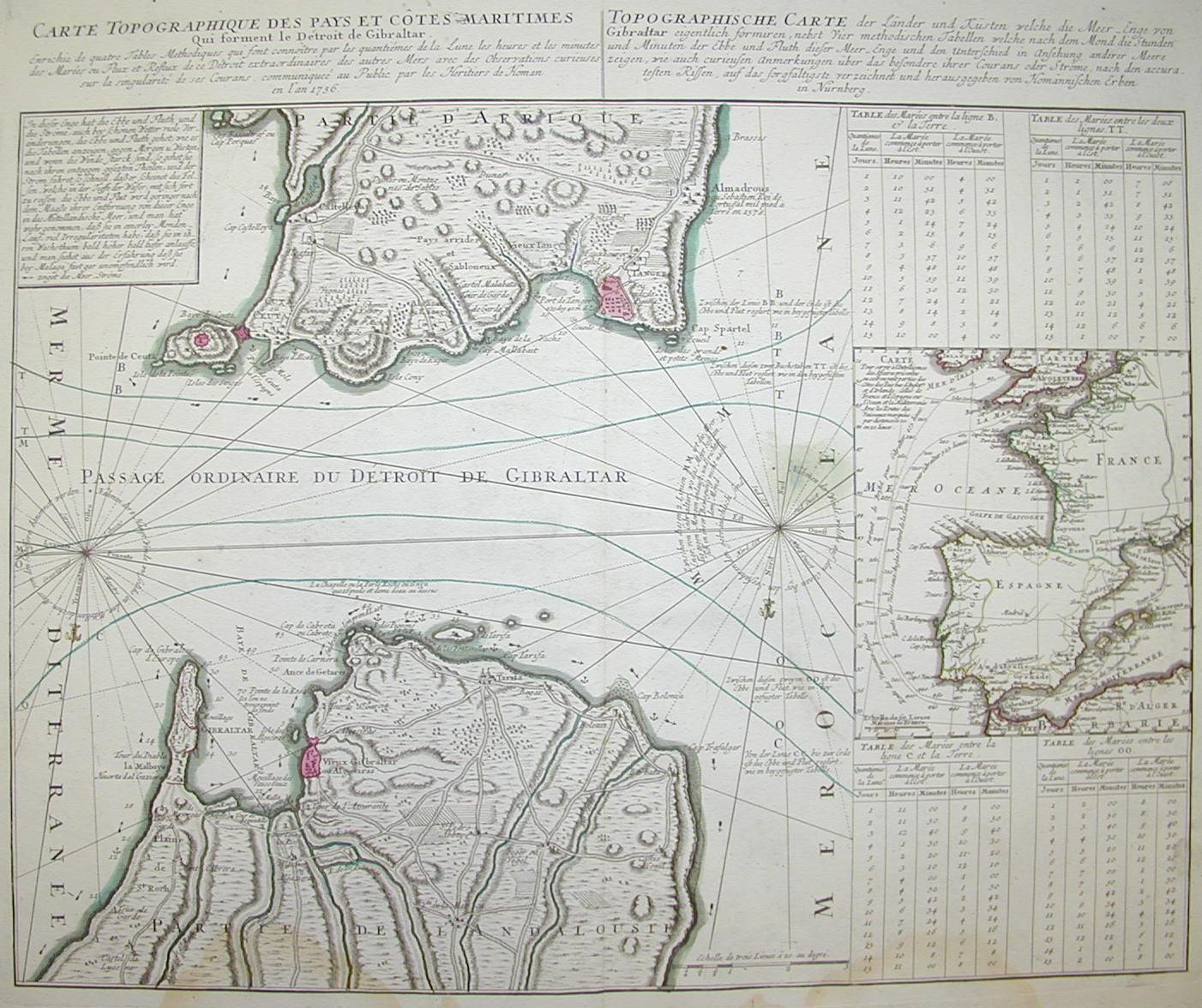 Stretto di Gibilterra con la tavola delle maree 1756
