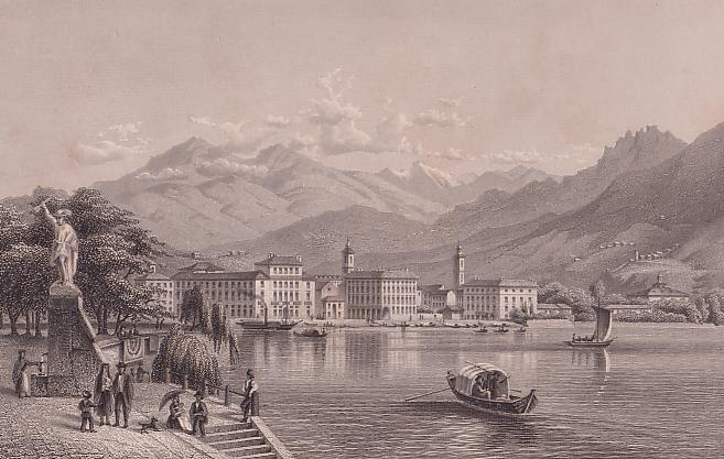 Lugano dalla riva verso levante con statua di G. Tell di V. Vela 1861